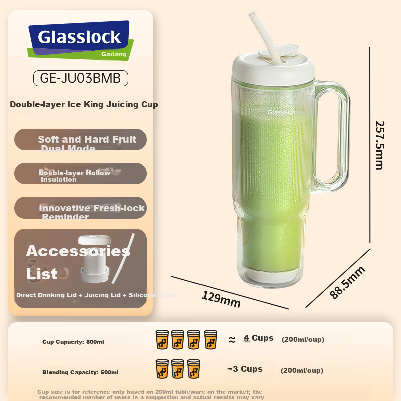 GLASSLOCK Double-Layer Juicer Portable Juicer Glass Blender Cup Juice Cup 12-Blade 304 Stainless Steel Ice Crusher