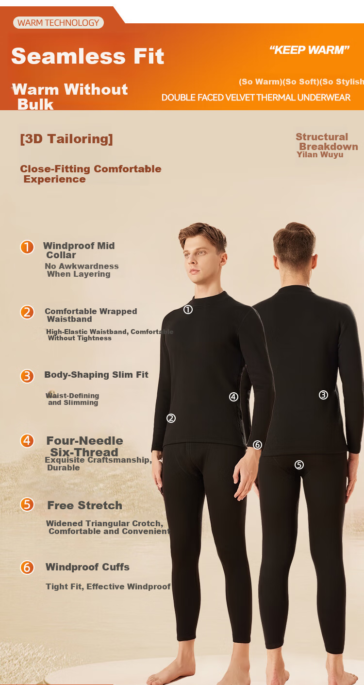 MiiOW Combed Cotton Mid-Neck Men's Thermal Underwear Set, Fleece-Lined Thickened Autumn Shirt and Pants, Men's Cotton Cold-Resistant Warm Set 14