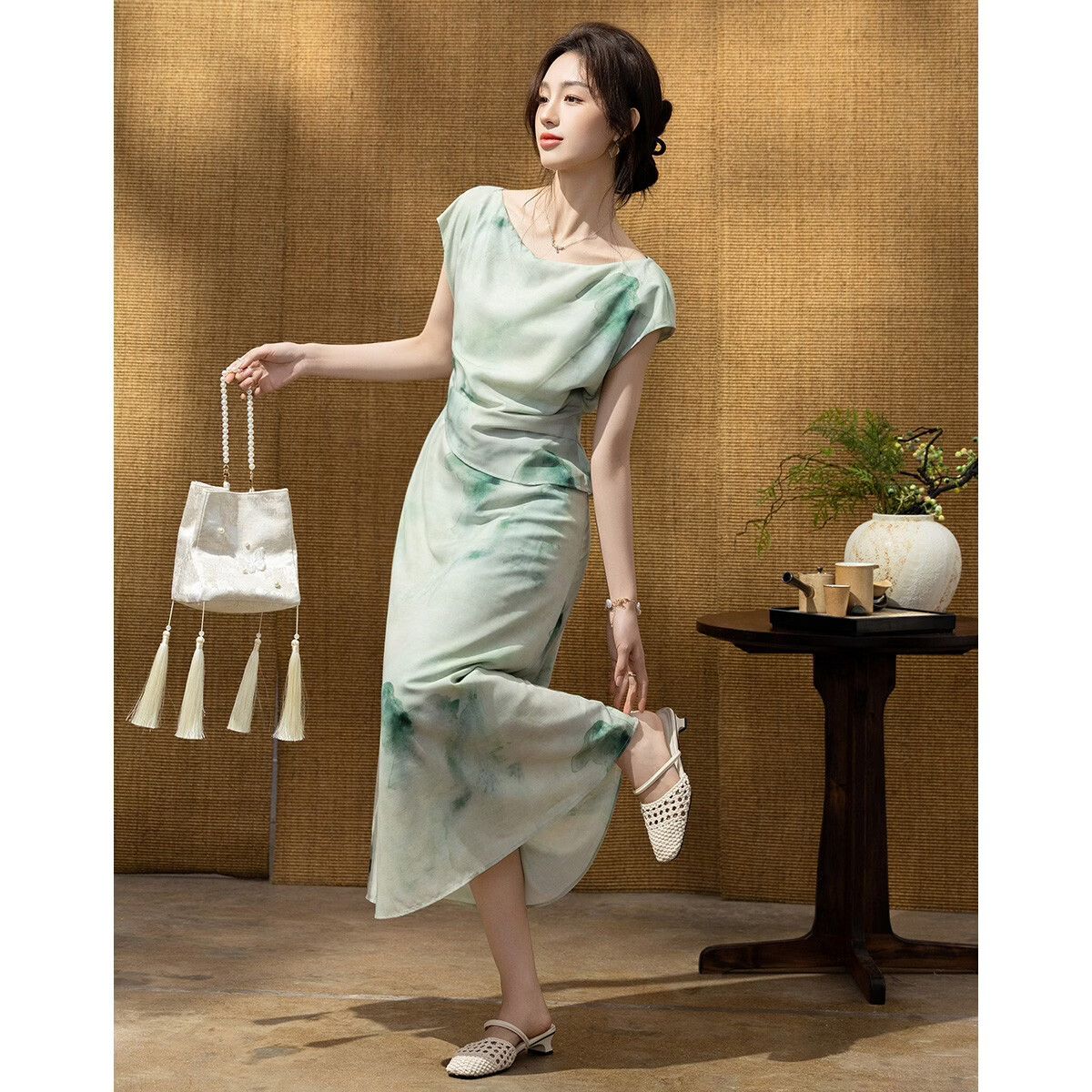 Demana [Oriental Elegance] Summer New Chinese Style Two-Piece Illusion Off-Shoulder Printed Slim Fit Dress for Women Premium Quality