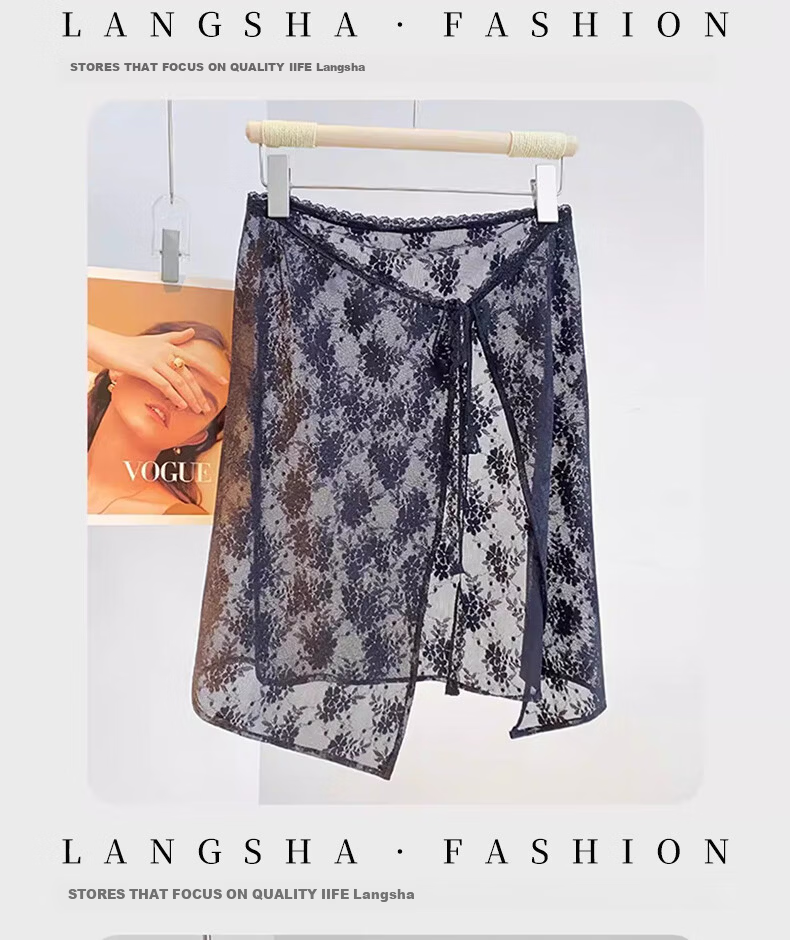 Langsha Spring Korean Style Niche Design Lace Trim Layered Mesh Skirt Curtain Atmosphere Tie Waist Apron Skirt 6