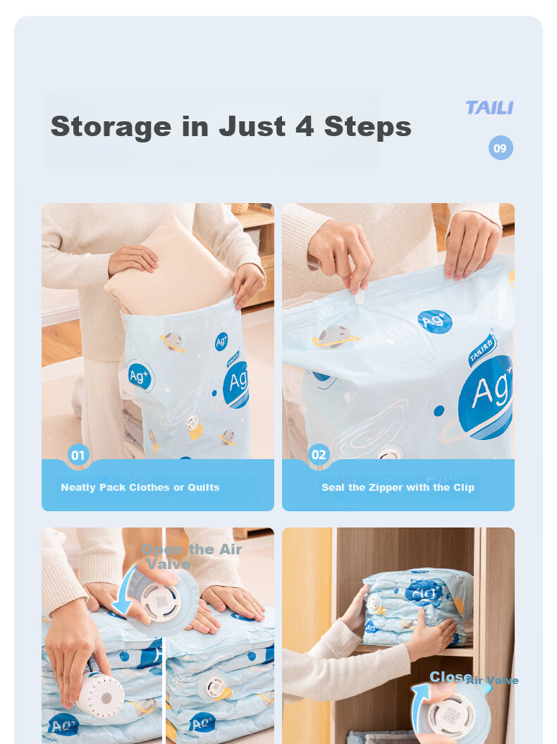 Taili Antibacterial Vacuum Compression Storage Bags Large Capacity Clothes Packing Organizer Bags for Baby Clothes and Quilts, 5 Extra Large Size 18