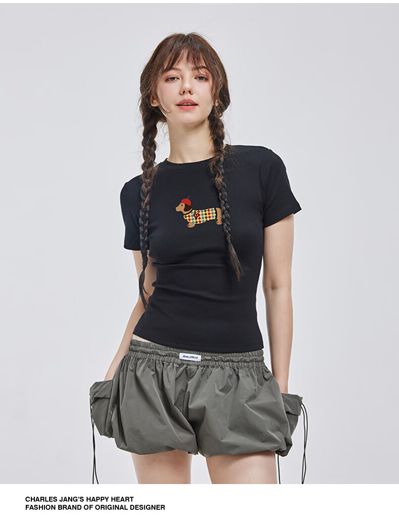 Charles Heart Summer Simple Cute Dachshund Print Short Sleeve Slim Fit T-Shirt White XF 12