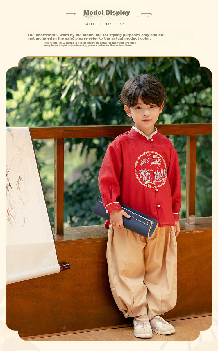 Menghu Qianshan Hanfu Boys Spring Autumn Long Sleeve Tang Suit Chinese Style Pants Set Traditional Red Top Size 90 9