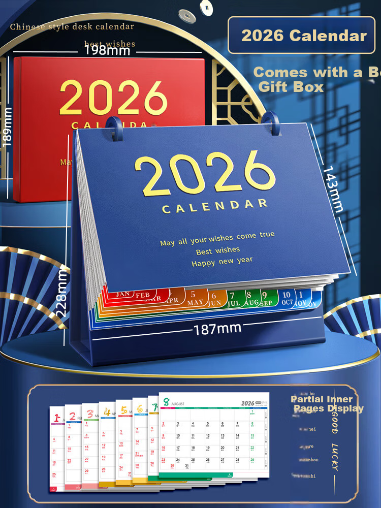 Jinzhi 2026 Year of the Horse Desk Calendar Gift Box/Deep Sea Blue 2025 Calendar Notebook Monthly Yearly Weekly Planner Office Desktop Decoration Office Gift 2