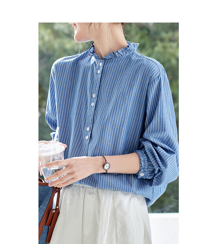 Demana [Pure Cotton Whisper] Spring Korean Style Lace Stand Collar Striped Loose Long Sleeve Commuter Shirt Women's Top 11