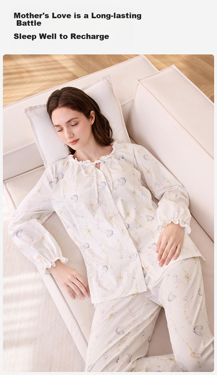 YEEHOO 26th Anniversary New Maternity Postpartum Pure Cotton Nursing Pajamas 10A Antibacterial with Built-in Chest Pads Ocean Pearl XL 8