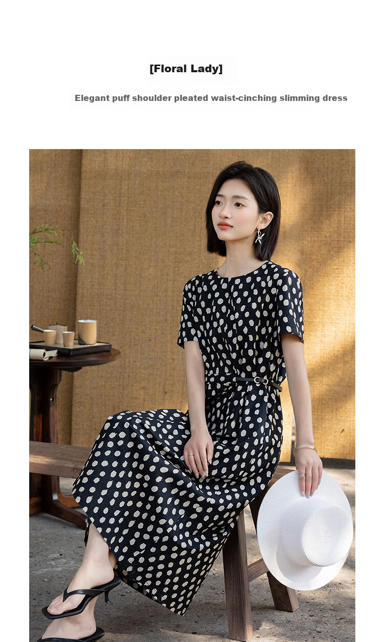 Demana Oxygen Pure Cotton Summer Elegant Floral Shoulder-Pleated Waist-Slimming Dress for Women 4