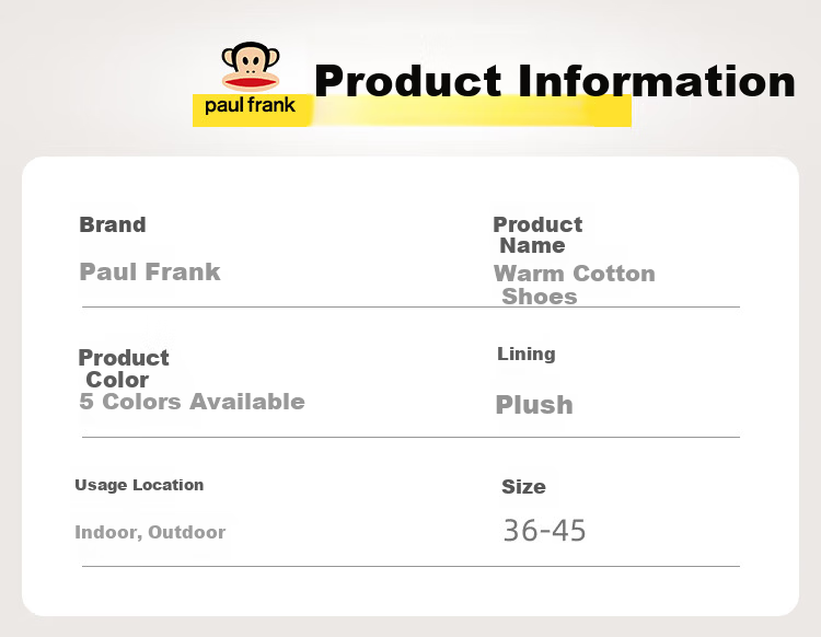 Paul Frank Authentic Cotton Shoes Unisex Winter Plush Thickened Windproof Non-slip Warm Thick Sole Home Gray Size 44-45 2