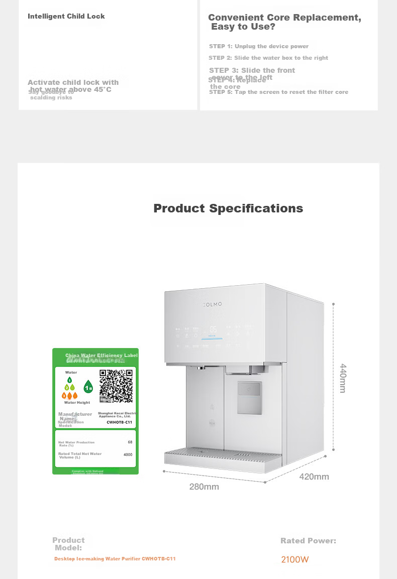 COLMO Water Purifier Polaris Little Ice Diamond Hot and Cold Integrated Ice Cube Heating Water Purifier Household Desktop No Installation Instant Heating CWHOTB-C11 16