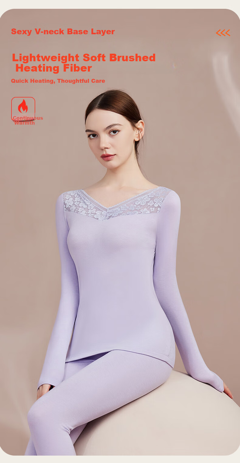 Qiulu Women's Thermal Underwear Autumn Winter Base Layer Comfortable Slim Fit V-Neck Top and Bottom Set Lotus Pink M 1