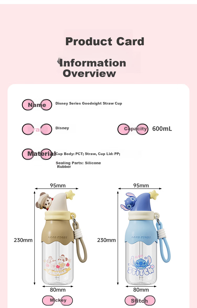 Disney Straw Cup Children's Water Bottle Summer Plastic Cup Student Ladies High-Value Portable High-Temperature Resistant 600mL Mickey 11