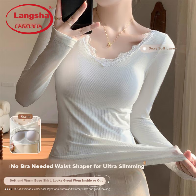 LangSha Women's Ribbed Long Sleeve T-Shirt Slim Fit Base Layer Bra-Free Spring Autumn Top