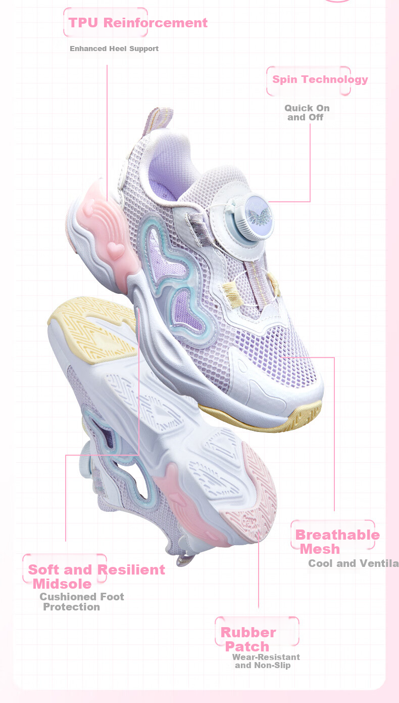 XTEP Kids Toddler Summer Girls Button Hollow Breathable Sports Shoes Light Purple/New White Size 30 4
