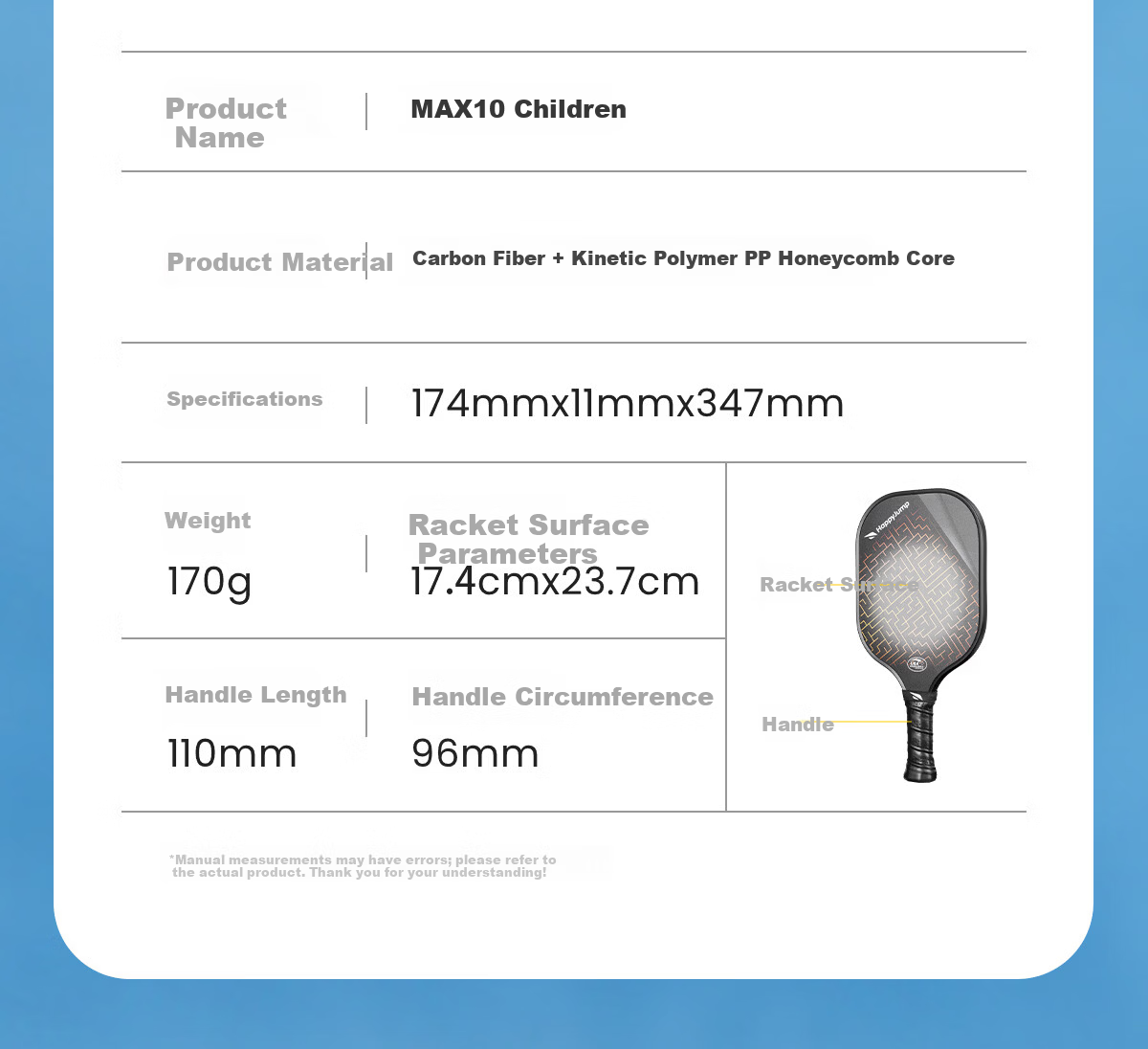 HiJump (Germany) Pickleball Paddle Set for Kids and Parents Beginner Entry-Level Carbon Fiber Paddle 20