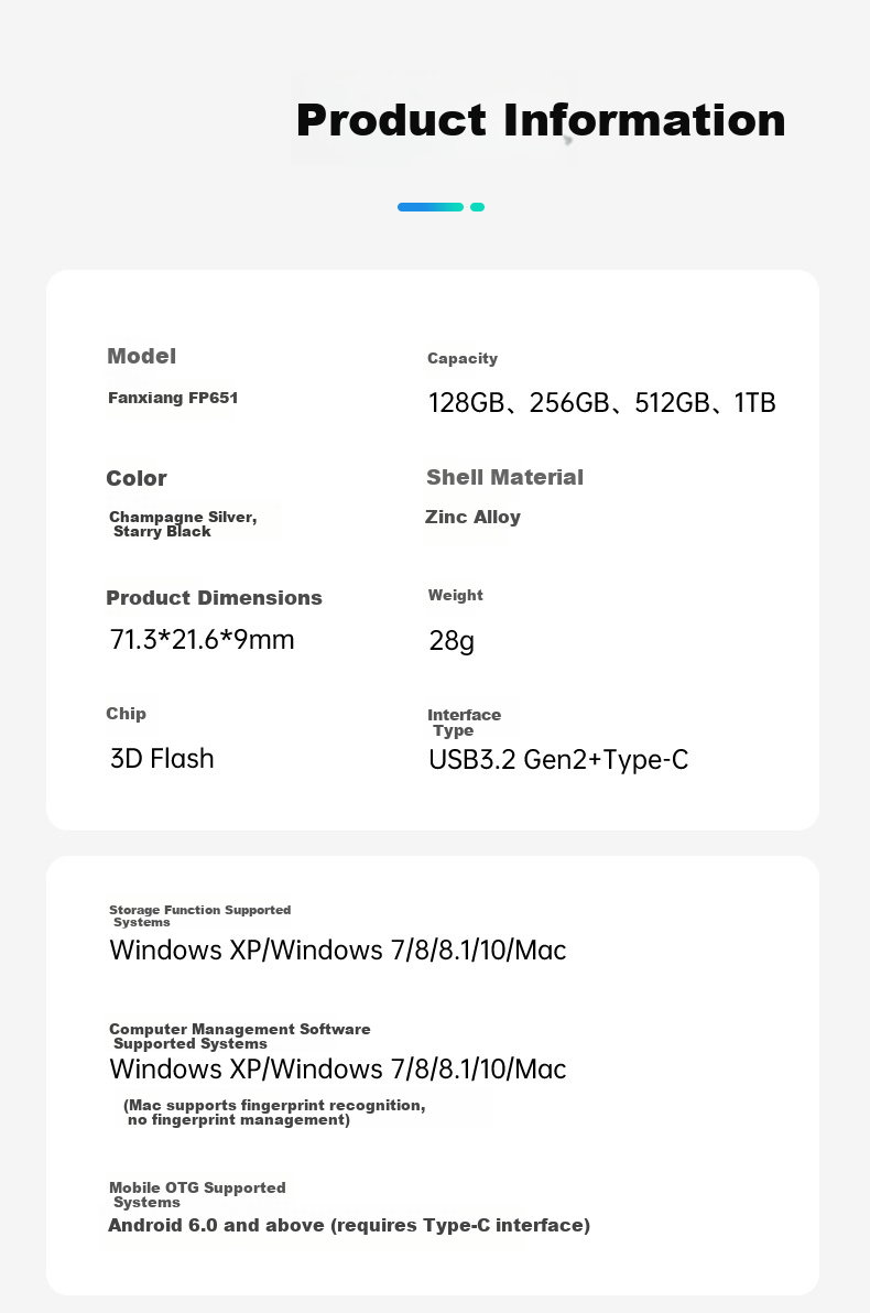 FANXIANG Solid State USB Drive 512GB USB 3.2 Type-C Fingerprint Encrypted High-Speed Flash Drive Mobile SSD FP651 Champagne Silver 16