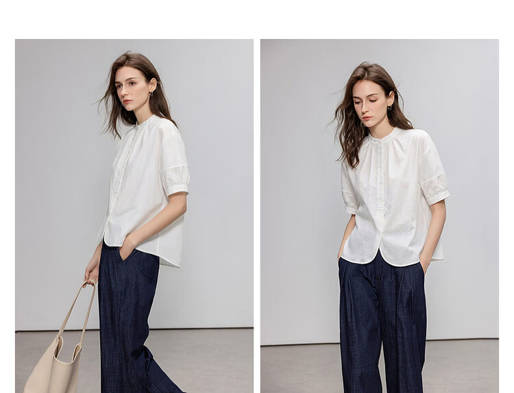 Demana [Oxygen Pure Cotton] Summer Simple Style Gathered Small Stand Collar Lantern Sleeve Curved Hem Loose Slim Women's Shirt 8