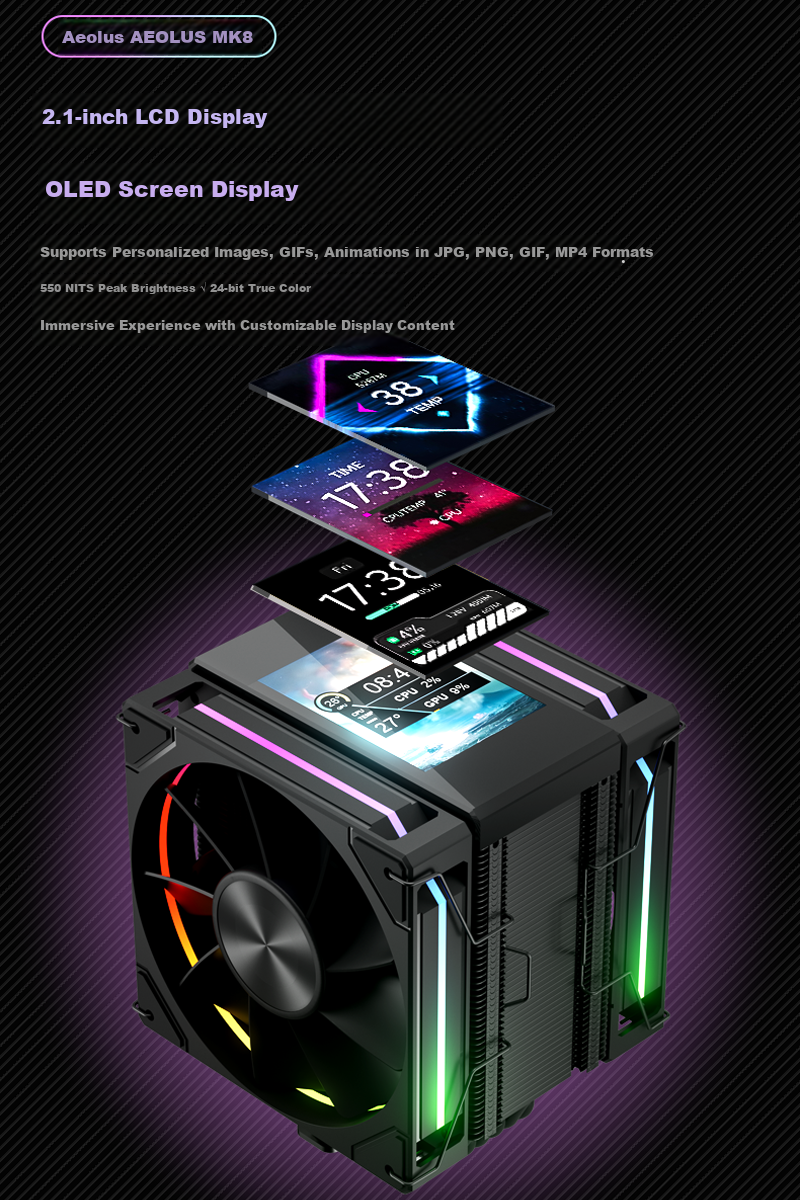 PowerTrain Unknown Player MK8 Black CPU Air Cooler with Screen, 6 Copper Heat Pipes, ARGB Sync, Dual Fans for Desktop PC, 1851/1700/AM4/AM5 3