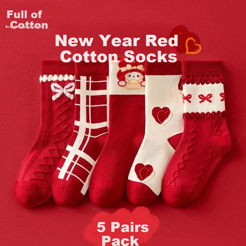 Mianmanman Children's Socks 100% Cotton Antibacterial Red Mid-Calf Socks for Girls Autumn Winter 5 Pairs Year of the Horse New Year