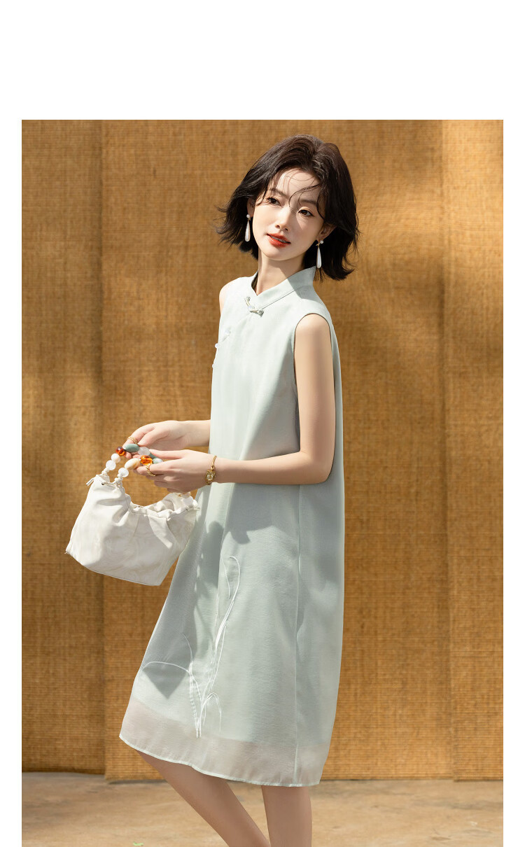 Demana Green Window Screen Summer National Style New Chinese Satin Embroidered Frog Button Sleeveless Slim Dress for Petite Women 13