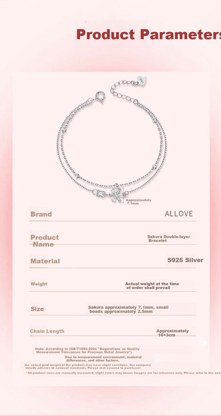 ALLOVE Cherry Blossom Pure Silver Bracelet for Women, Double-Layer Silver Jewelry, Birthday Gift for Women on May 20 And Valentine's Day, Present for Girlfriend Or Wife 6
