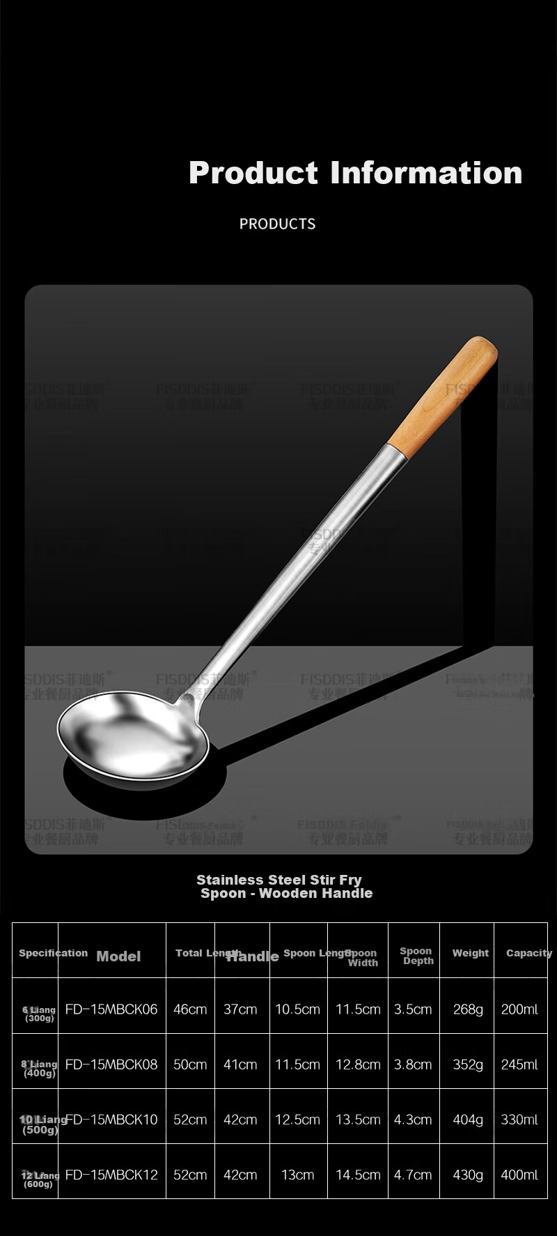 FISDDIS Extra Thick Stainless Steel Stir Fry Ladle 6 Liang Wooden Handle Commercial Cooking Spoon Long Handle Chef Ladle Water Scoop 12