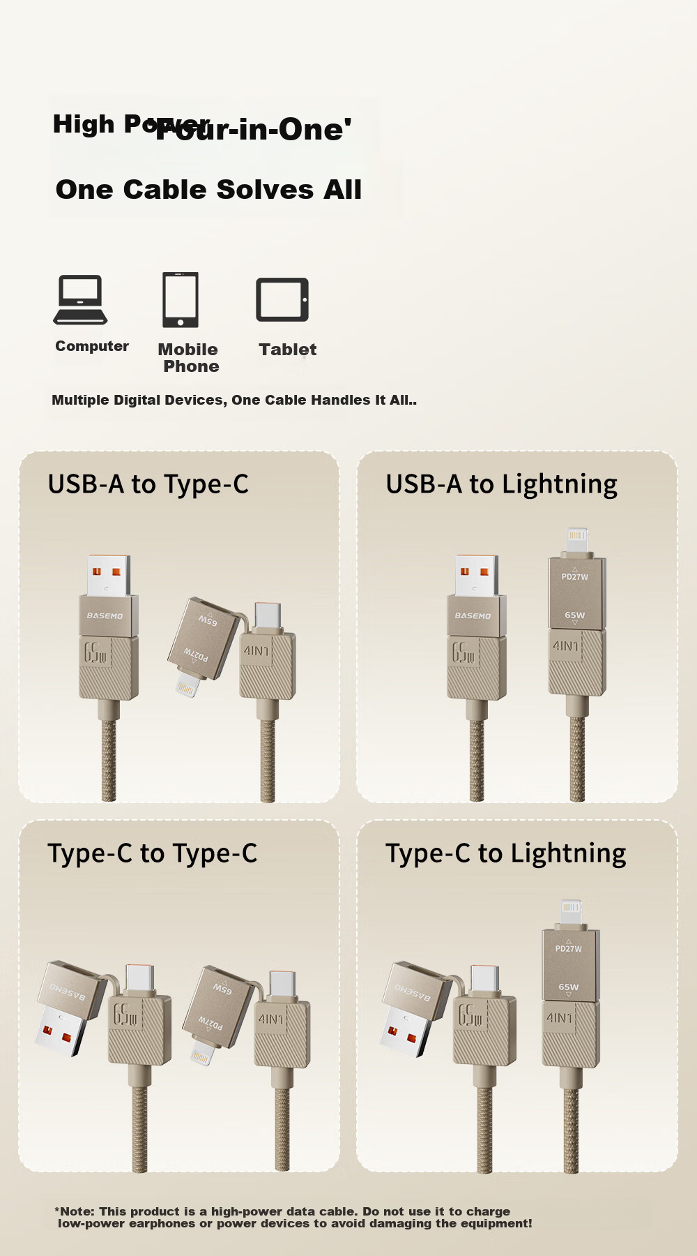 Beimo Magnetic Charging Cable 240W Fast Charge 4-in-1 Data Cable Car Data Cable Compatible with Apple 17/16/iPad/Laptop/Huawei/Xiaomi 1.2m 3