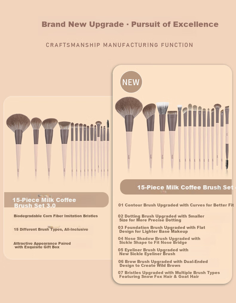 MSQ 15-Piece Milk Coffee Upgraded Animal Hair Professional Makeup Brush Set Loose Powder Brush Foundation Brush Eyeshadow Brush Holiday Gift 3