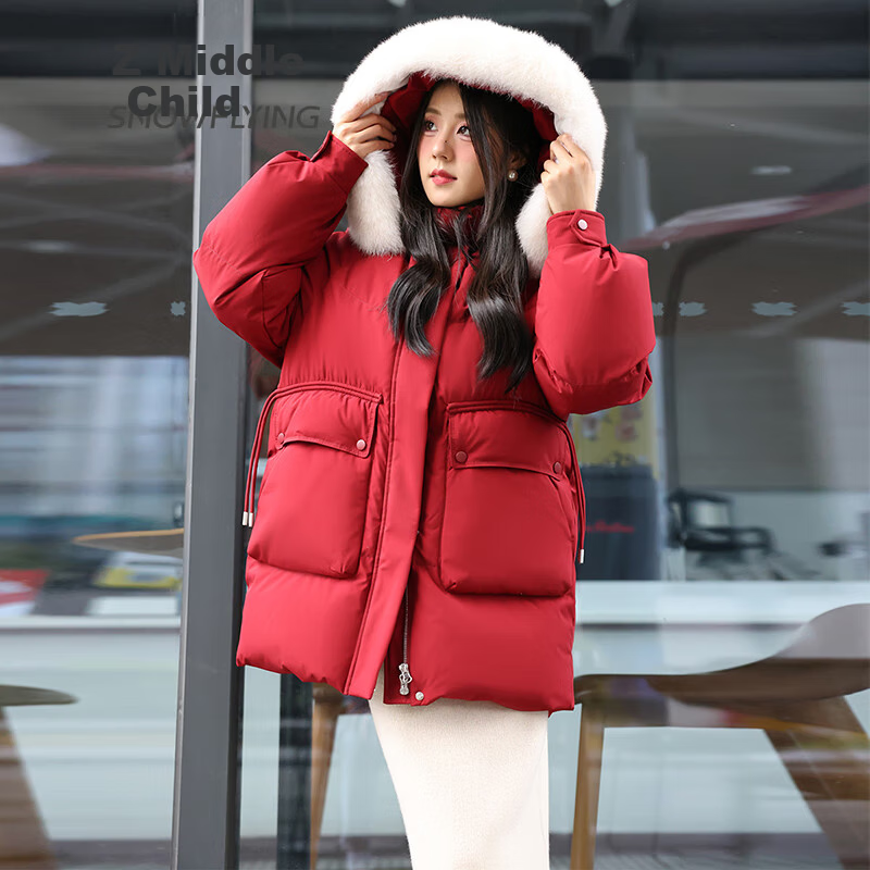 SNOWFLYING Women's Mid-Length Hooded Down Jacket with Fashionable Large Fur Collar, Casual Versatile Thickened Warm Cold-Resistant Down Coat