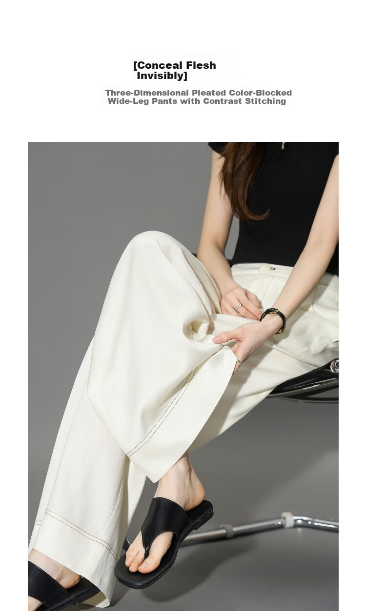 Demana [100 Lyocell] Summer 3D Pleated Color-Blocked Stitching Wide-Leg Slimming Casual Pants for Women Premium Feel 2
