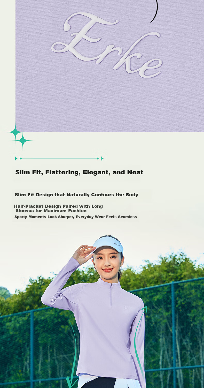 ERKE Women's Long Sleeve T-Shirt 2026 New Half-Placket Stand Collar Tennis Slim Fit Sports Top Versatile Base Layer Running Shirt 5