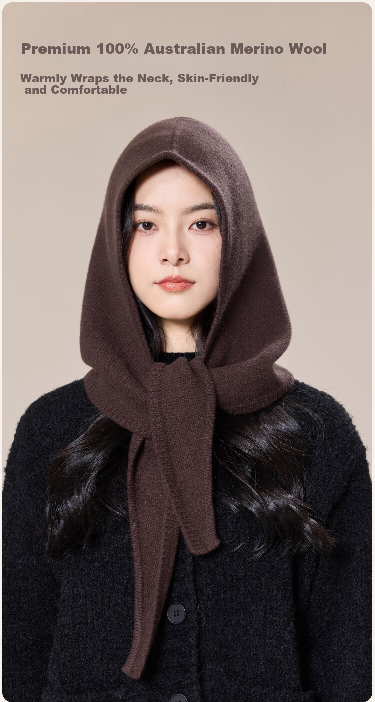 JIUMU Pure Wool Warm Knitted Balaclava Hat for Women Autumn Winter Cold-Resistant Hat with Integrated Hood and Scarf 5