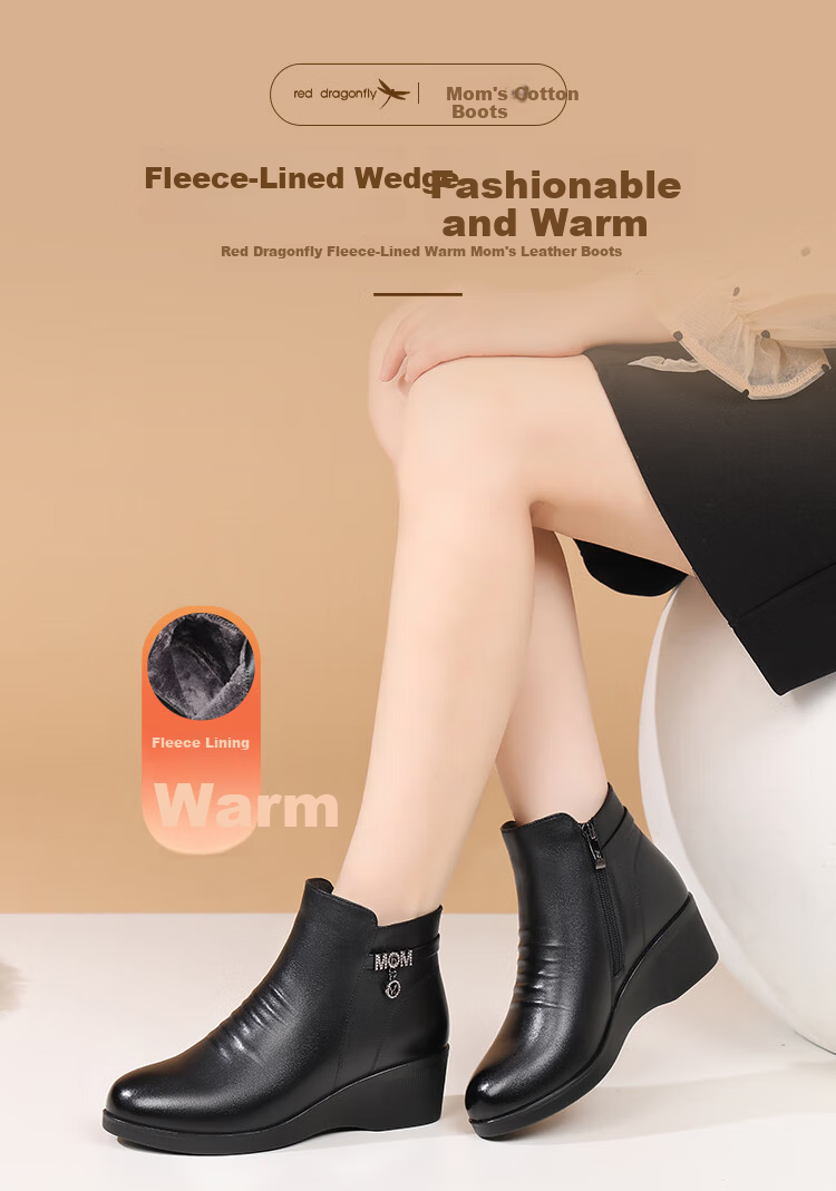 Red Dragonfly Women's Boots Mom Boots Autumn Winter Fleece Warm Lightweight Thick Sole Wedge Fashion Short Boots WTC458061C Black Size 35 1