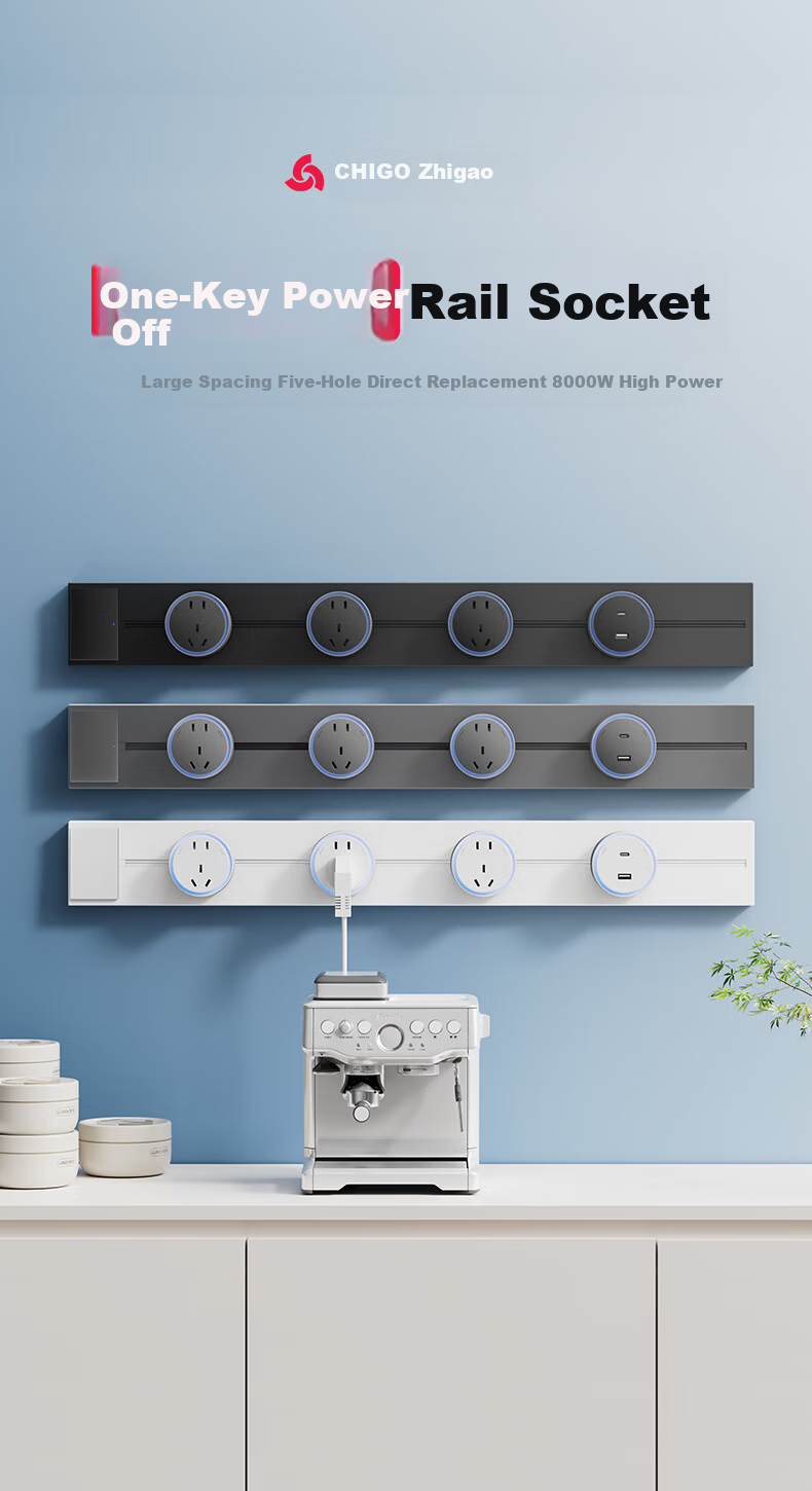 CHIGO Track Socket with Switch Master Control Ultra-thin High Power Wall-mounted Rail Socket Surface-mounted Movable Kitchen Slide Rail Socket 50cm + 3 Black Five-hole Outlets 3