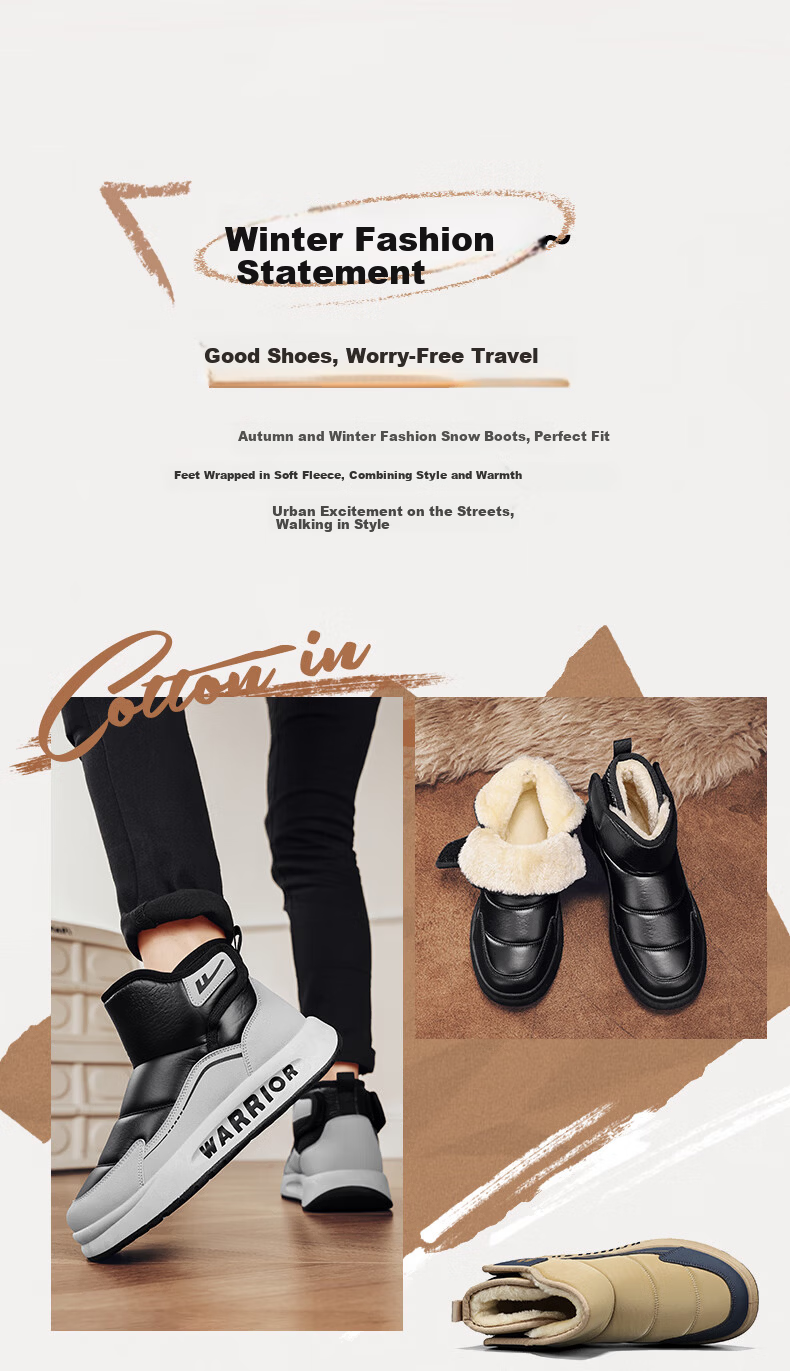 Warrior Men's Snow Boots 2025 Autumn Winter New Fleece-Lined Northeast Cold-Resistant Warm Outdoor Cotton Shoes Black 43 2