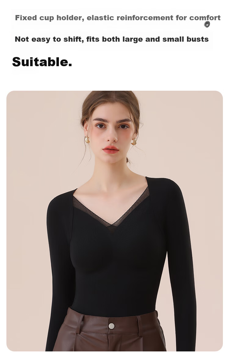 MiiOW Mulberry Silk Down Thermal Underwear for Women Autumn Top with Chest Pad Lace Base Layer Skin Color XL 14