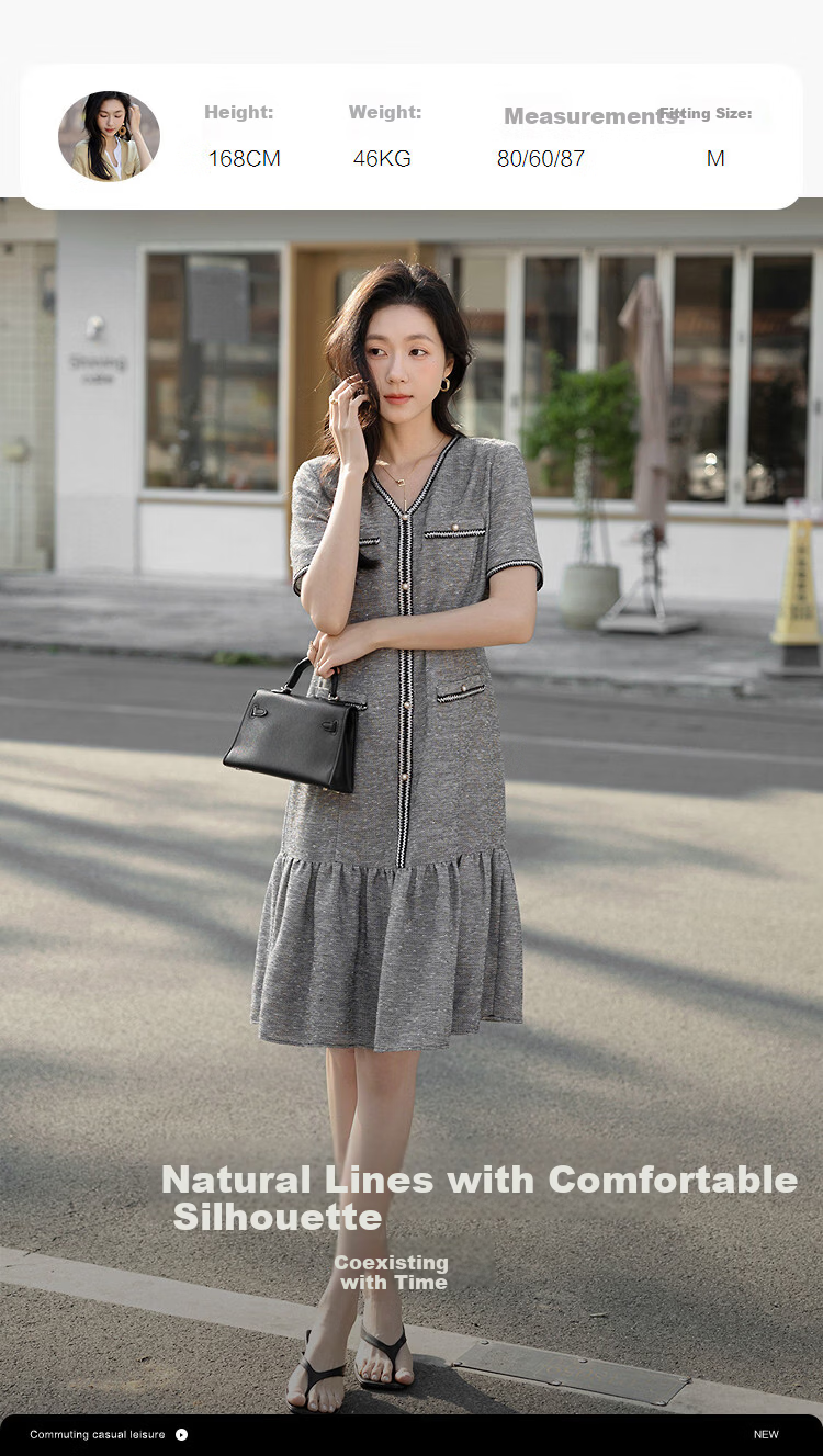 Demana Urban Socialite Summer Tweed V-Neck Fake Pocket Ribbon Slimming Concealing Dress for Women Premium 12