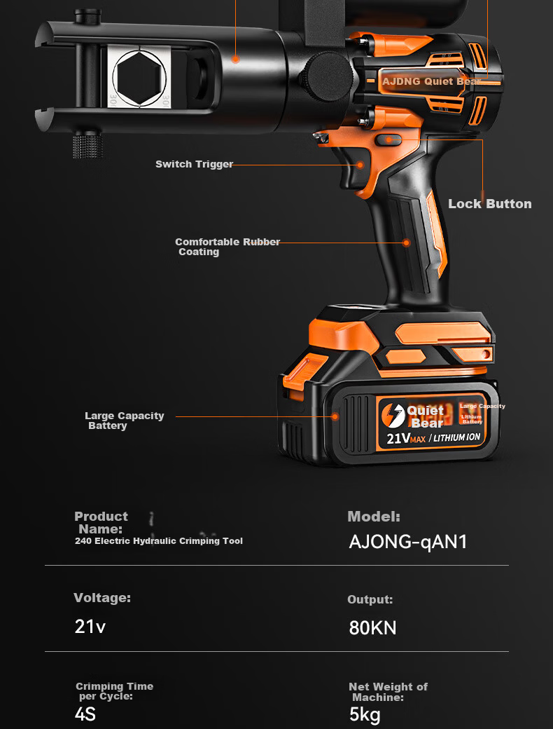 Quiet Bear Electric Hydraulic Crimping Tool Cordless Lithium Battery Wire Cable Hydraulic Cutter Copper Terminal Electrician Wiring Pliers 18