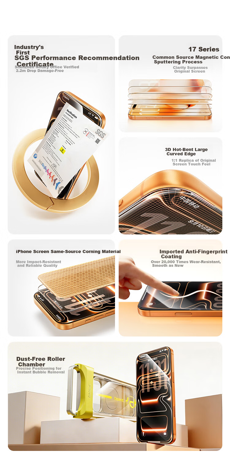 Baseus Gold Label Corning Ultra 3D Curved + AR Anti-Reflective Tempered Glass Screen Protector for iPhone 16 Pro Max Dust-Free Film 3