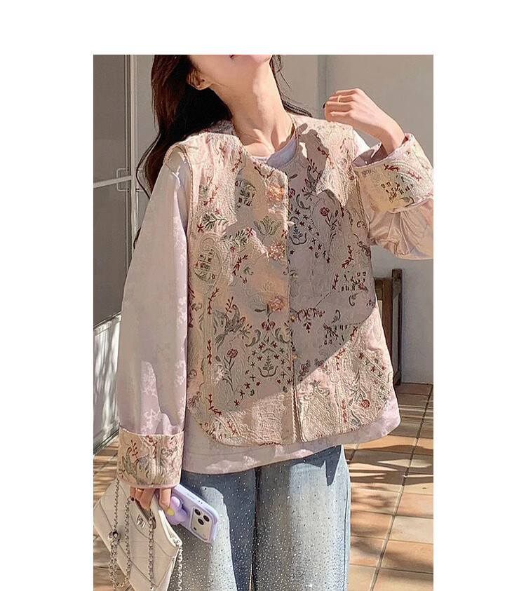 Demana Oriental Socialite Summer National Style New Chinese Round Neck Printed Sleeveless Floral Placket Slim Vest for Women Premium 8
