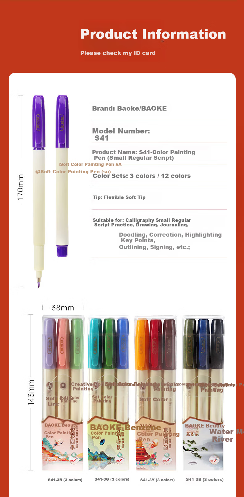 BAOKE S41-12Y Colored Brush Pens Small Calligraphy Soft Brush Pens Ink-Resistant Traditional Chinese Style Journal Pens Student Practice Elegant Writing Pens Premium National Style 12 Colors/Set 10