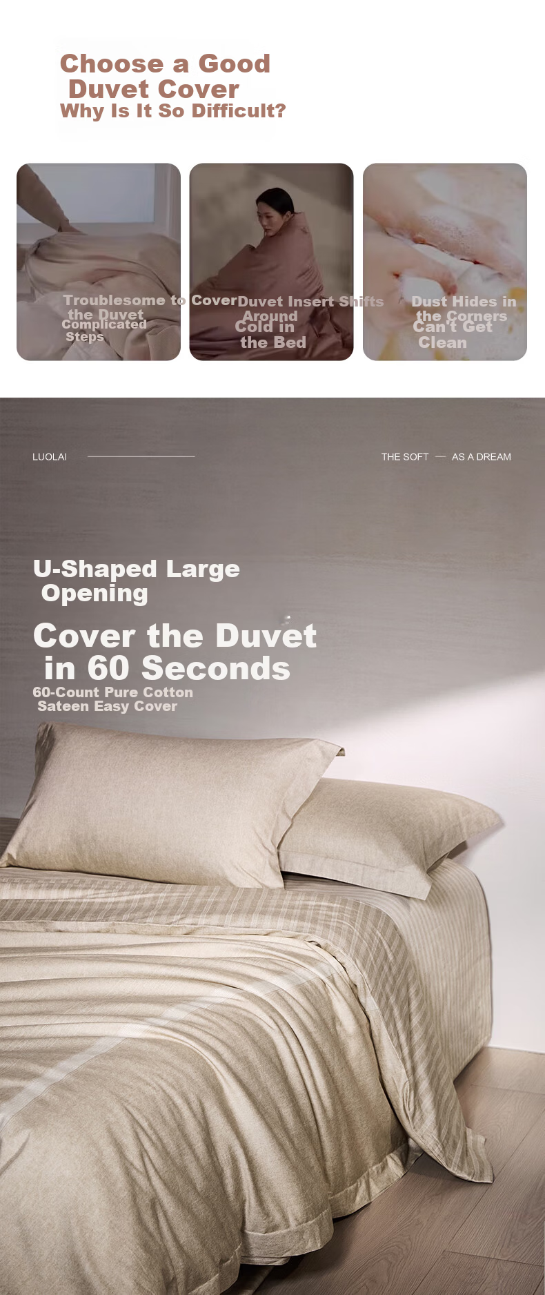 Luolai Home Textiles 60-Thread Count Pure Cotton 3-Piece Bedding Set Cotton Bed Sheet and Duvet Cover Brown 150*215cm 1