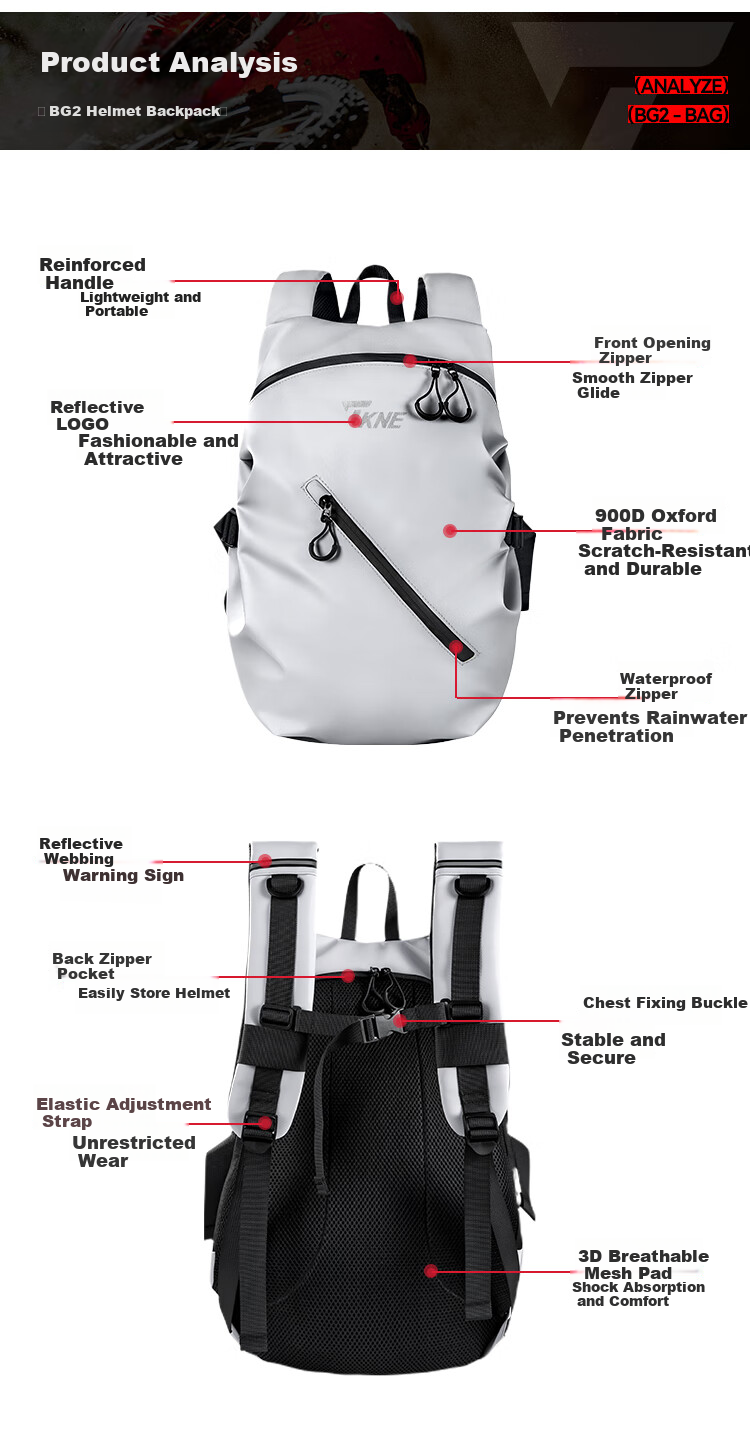 TKNE Helmet Bag Motorcycle Riding Backpack Large Capacity Rider Bag Gray and White [Fits 90% Helmets] 3