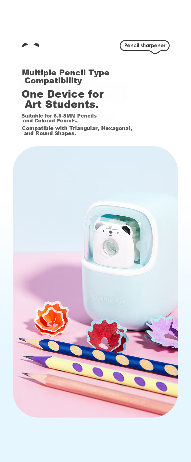 COMIX Automatic Pencil Sharpener Student Hand-Crank Alloy Steel Pencil Sharpener Cartoon Pencil Sharpener Exam Gift for Primary School Students Blue XS-63 4