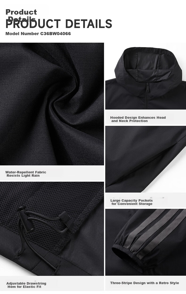 CAMEL Campus Windbreaker Retro Hooded Unisex Spring Autumn Lightweight Jacket C36BW0L4066 Phantom Black XL 18