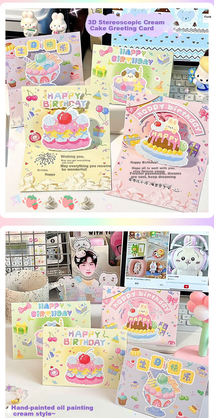 Jufu Ins Cream Cake Birthday Card Set of 4 3D Pop-up Oil Painting Foldable Creative Cake Message Cards for Valentine's Day Mother's Day Graduation Anniversary Handwritten Gift 1
