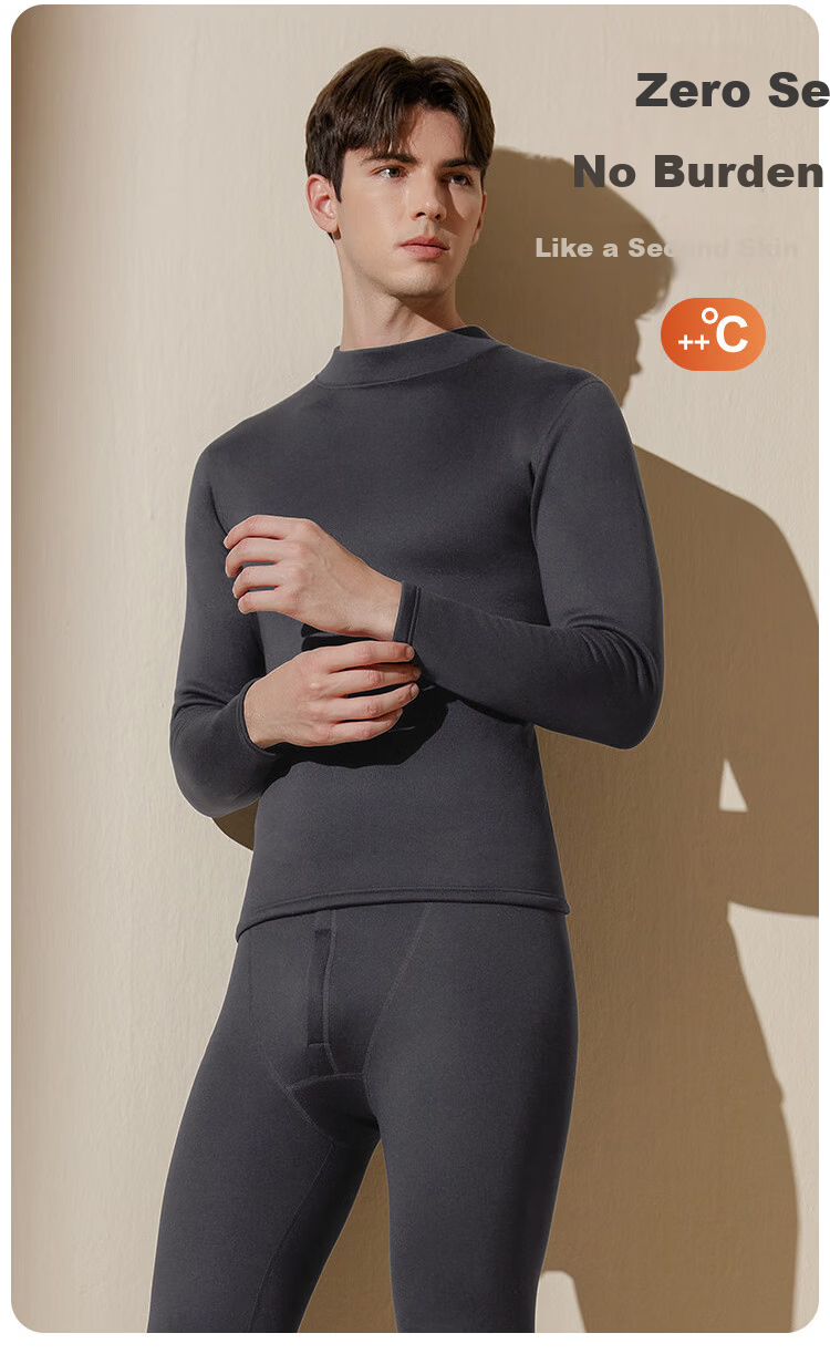 Langsha Men's Thermal Underwear Set Mid-Neck Autumn Winter Fleece Thickened Heating 10A Antibacterial Ultra-Soft Top and Bottom 18