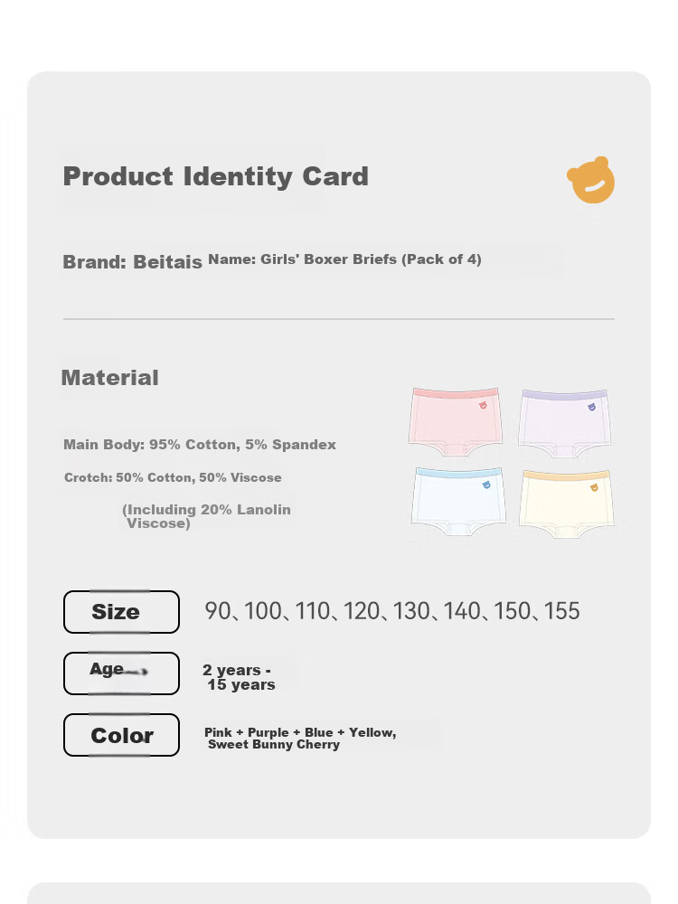 Beitais Fetal Sebum Skin Children's Cotton Breathable Short Boxer Underwear for Girls, 4-Pack 16