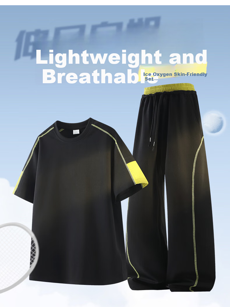 Wassup Sohot Men's Summer Sports Set Solid Color Crew Neck Short Sleeve T-Shirt Loose Fit Sports Pants Two-Piece Set Black XL 5