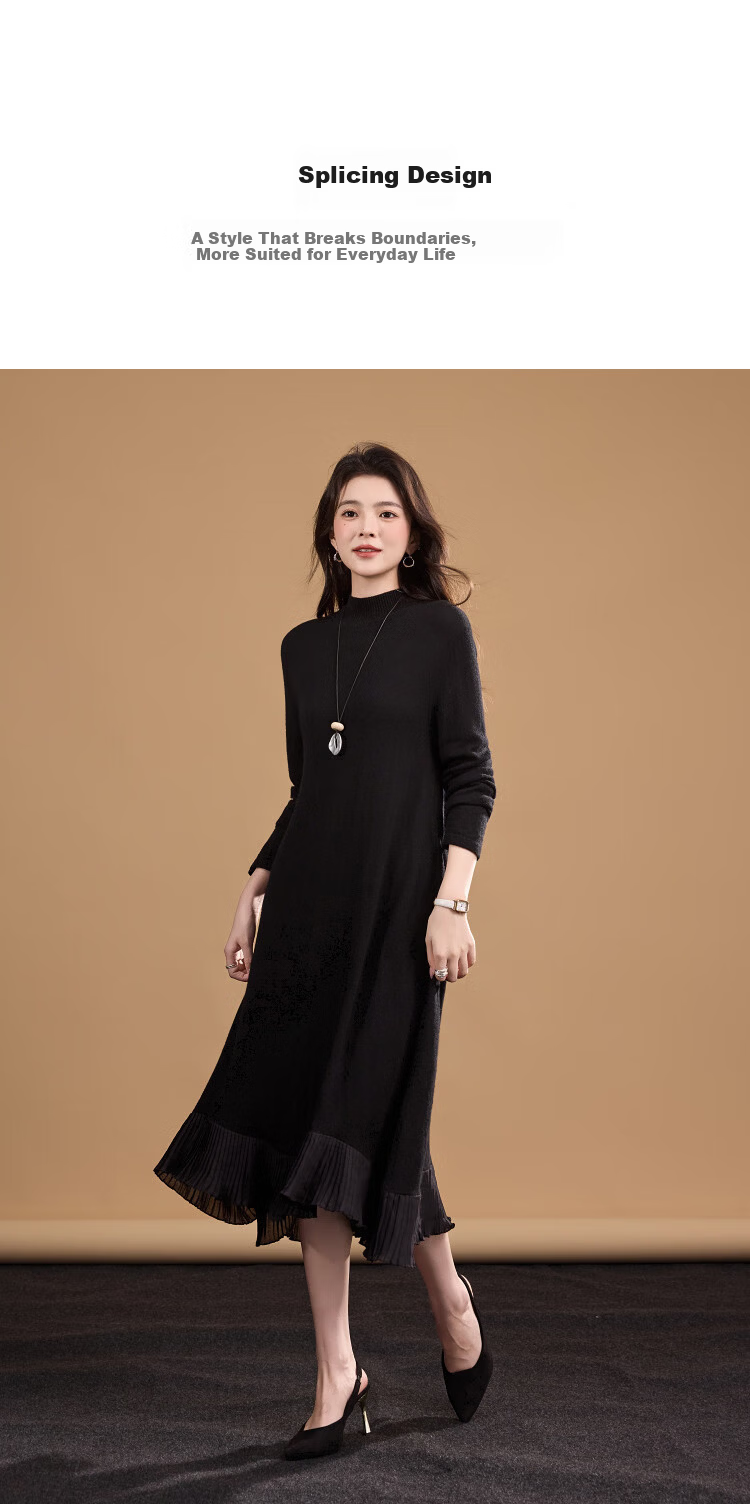 Demana Wool and Cashmere Blend Winter Elegant Half Turtleneck Chiffon Pleated Patchwork Irregular Women's Dress 3