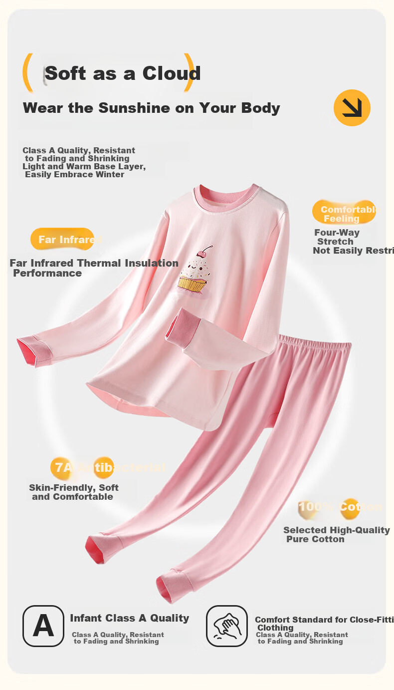 Yalu Kids Girls Cotton Thermal Underwear Set Antibacterial Home Sleepwear Comfortable Innerwear 1